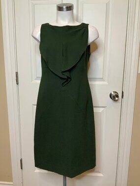 Valentino Dark Green 100% Wool Sleeveless Sheath Dress W/ Ruffle, Size 8